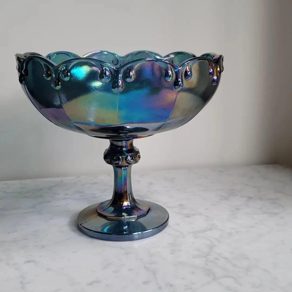Fenton Iridescent Blue and Purple Glass Compote